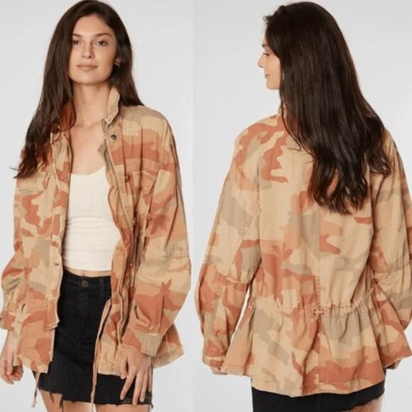 Free People Taupe Camo Lead the Way Tie Waist Canvas Utility Jacket Size‎ XS - Picture 1 of 14